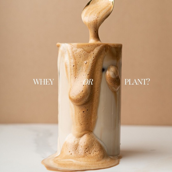 A high-contrast 1:1 image featuring a protein drink being poured, posing a direct choice between whey and plant-based protein sources.
